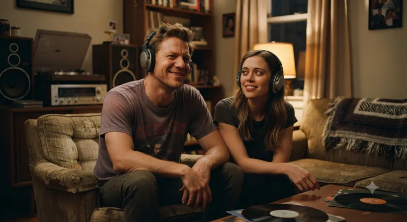 A happy couple listening with headphones